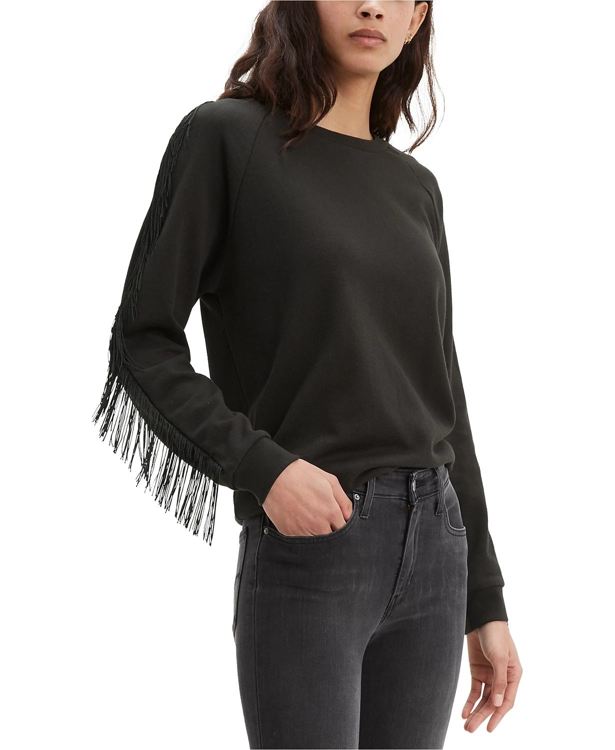 Moletom feminino Levi's com gola redonda e franjas, preto, tamanho extragrande