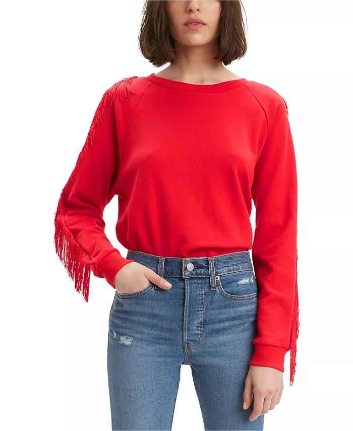 Moletom feminino Levi's com gola redonda e franjas, vermelho, tamanho pequeno