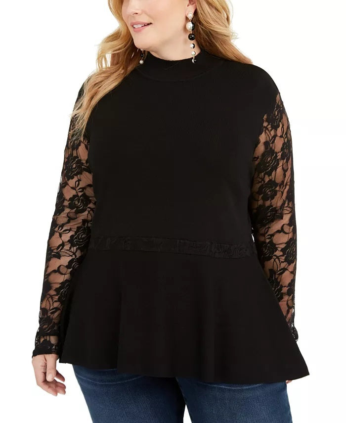 Suéter peplum de renda feminino INC International Concepts, preto, tamanho 3X
