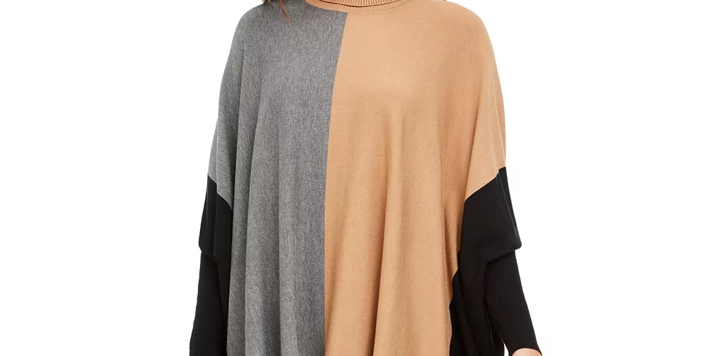 Alfani Suéter Poncho Feminino Gola Alta Colorblock Azul Tamanho P