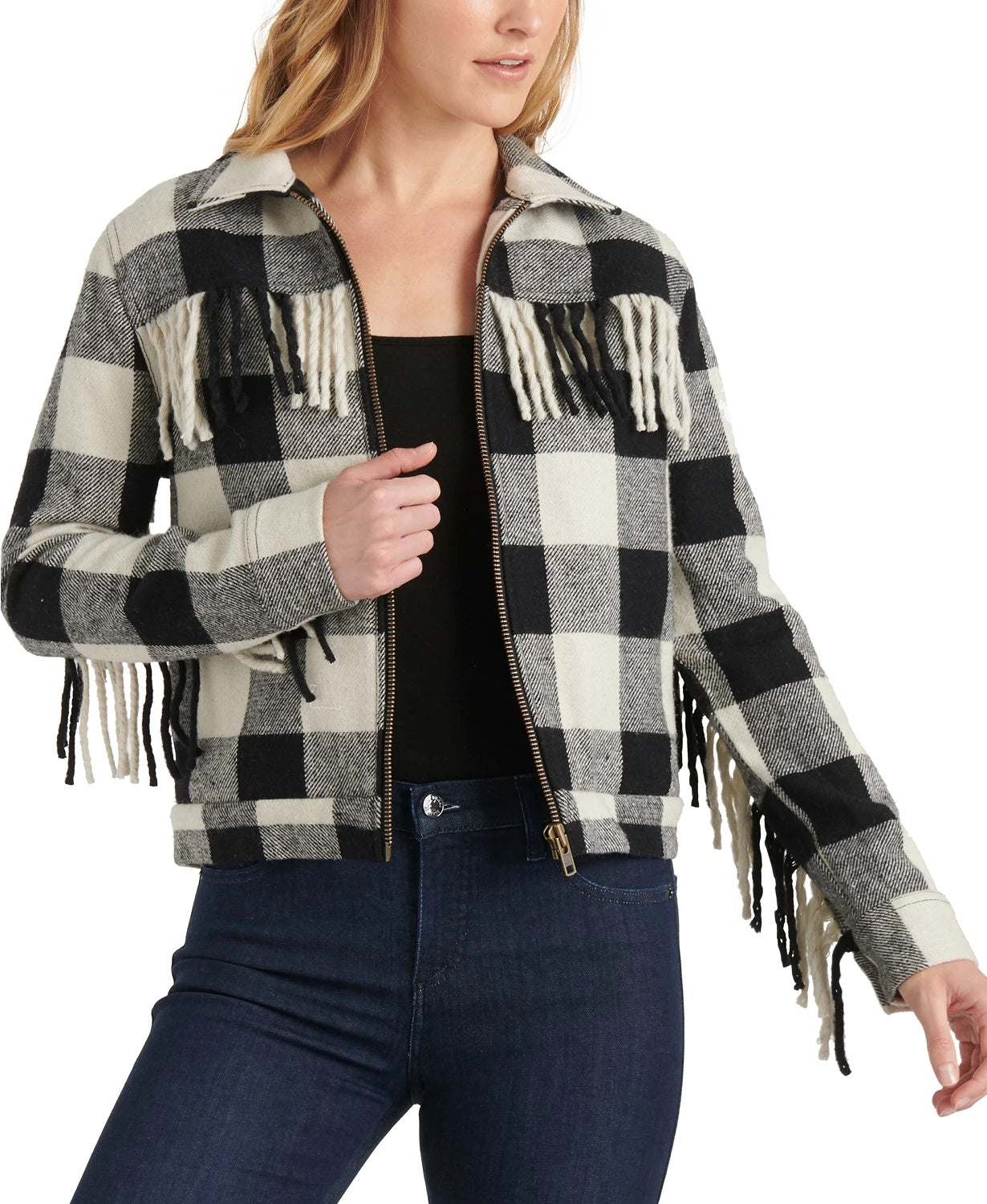 Jaqueta feminina com franjas xadrez de búfalo Lucky Brand, preta, tamanho grande