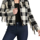 Jaqueta feminina com franjas xadrez de búfalo Lucky Brand, preta, tamanho grande