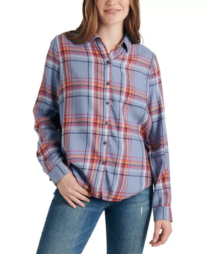 Camisa xadrez feminina Lucky Brand laranja tamanho pequeno