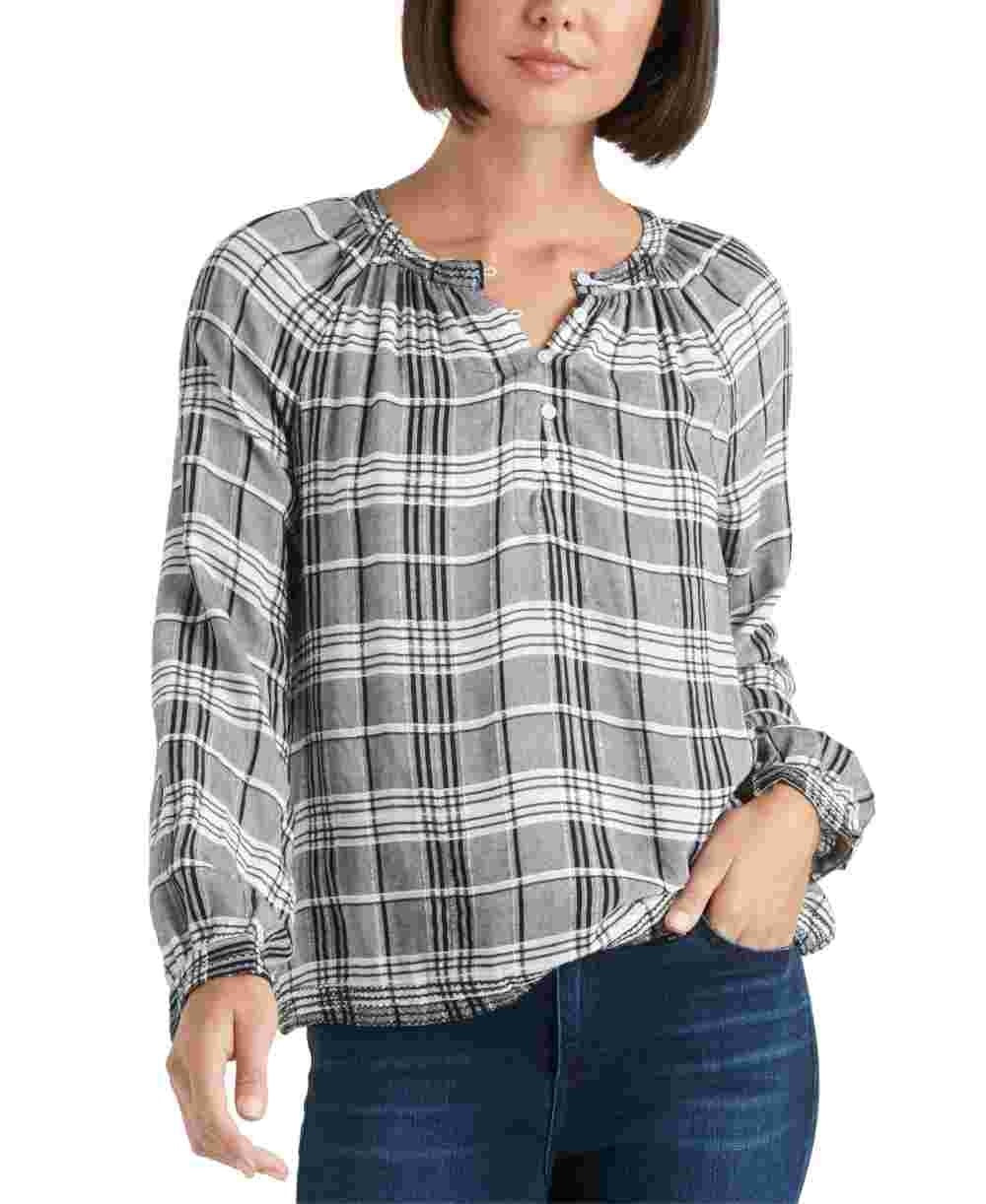 Blusa feminina Lucky Brand Jessica Plaid bordada cinza tamanho grande