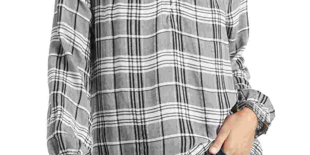 Blusa feminina Lucky Brand Jessica Plaid bordada cinza tamanho grande