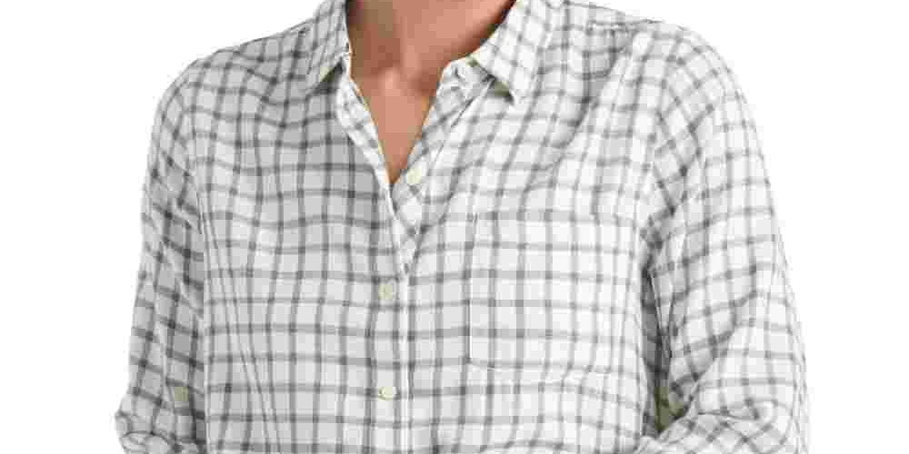 Blusa feminina xadrez de manga comprida com gola, tamanho pequeno, cinza, da Lucky Brand