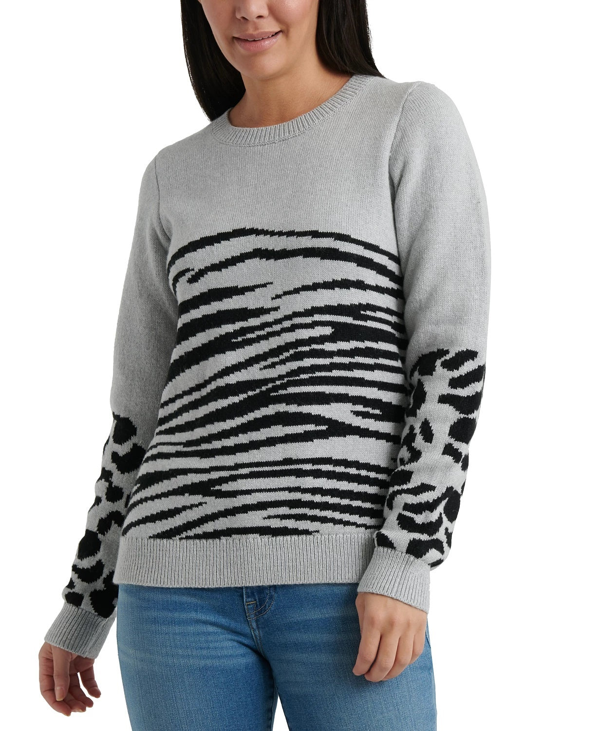 Suéter feminino Lucky Brand com estampa de animais mistos, cinza, tamanho extragrande