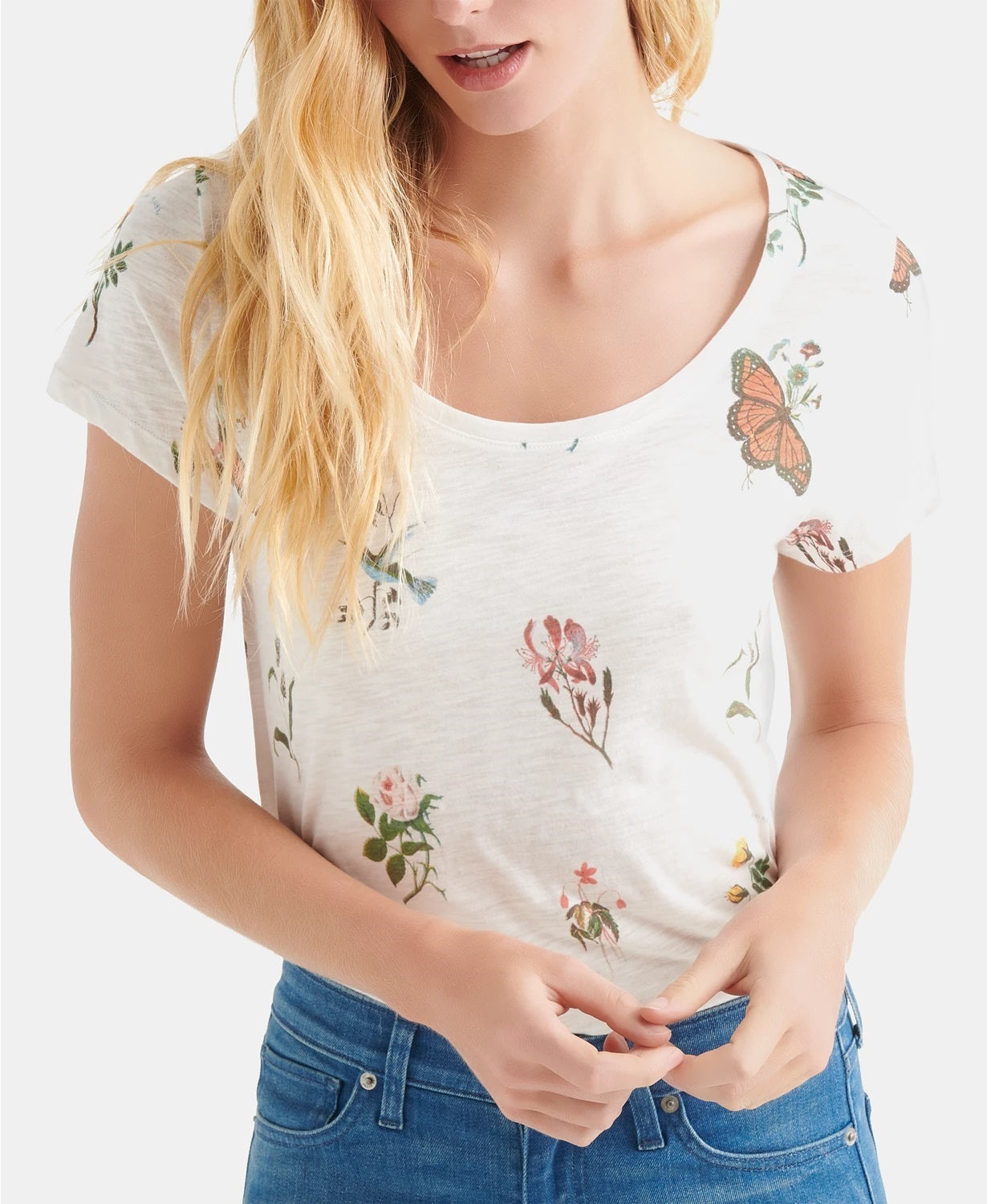 Camiseta feminina com estampa de borboleta Lucky Brand, branca, tamanho X-S