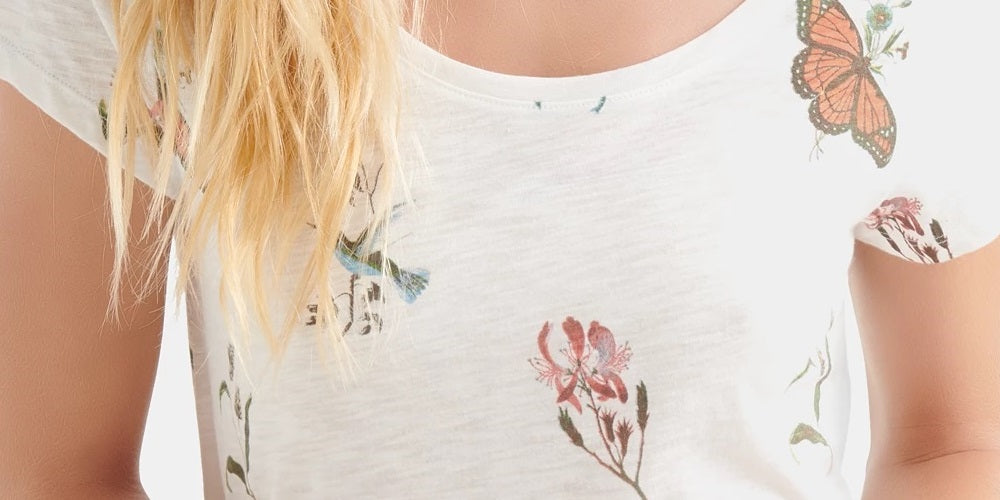 Camiseta feminina com estampa de borboleta Lucky Brand, branca, tamanho X-S