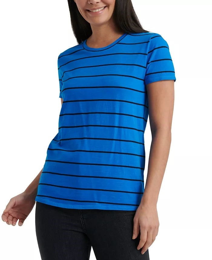 Camiseta feminina listrada com gola redonda Lucky Brand, azul, tamanho médio