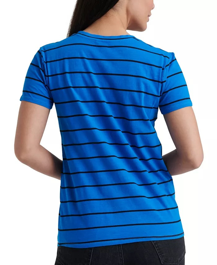 Camiseta feminina listrada com gola redonda Lucky Brand, azul, tamanho médio