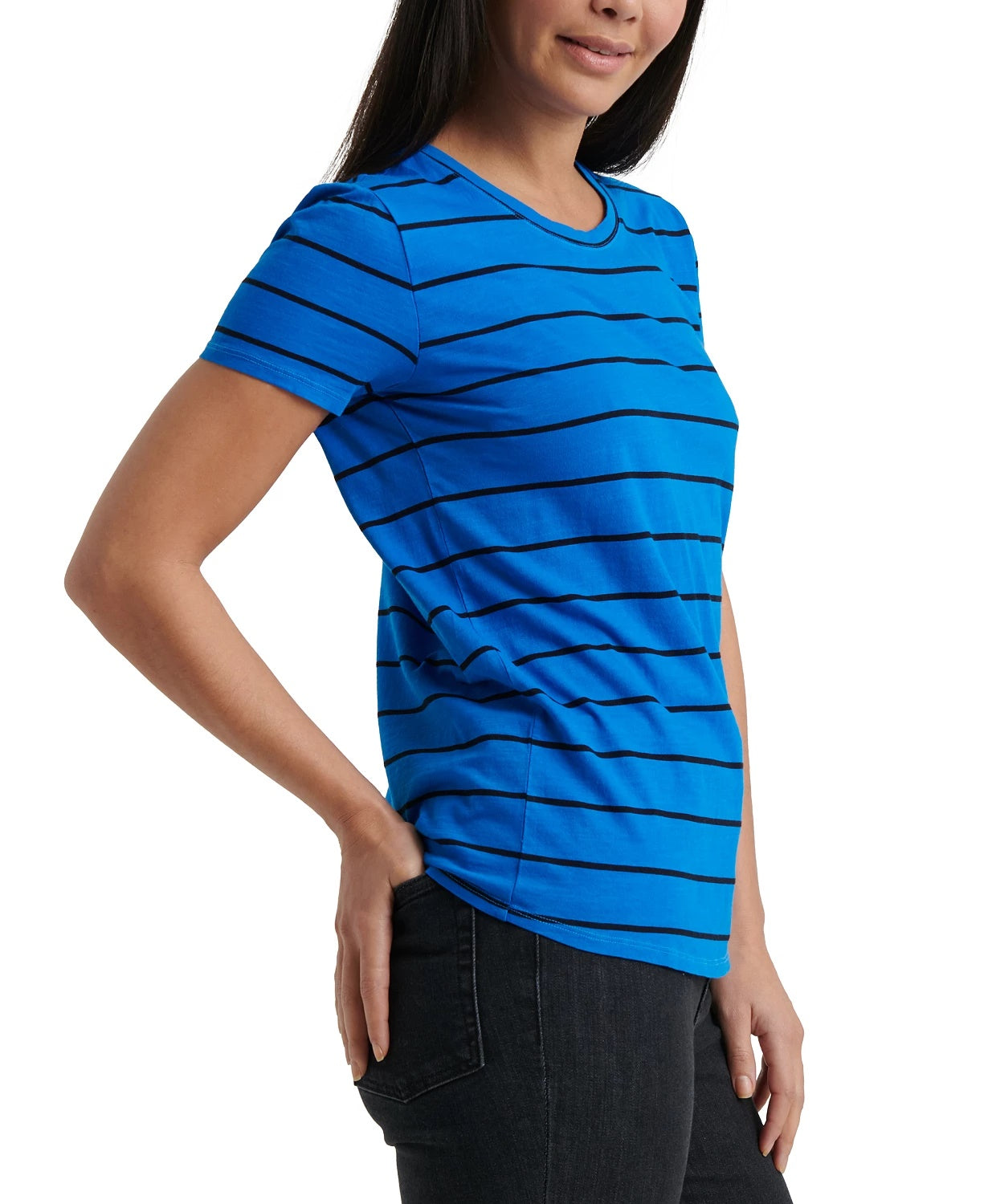 Camiseta feminina listrada com gola redonda Lucky Brand, azul, tamanho médio