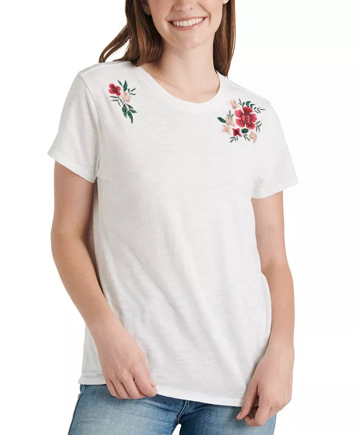 Camiseta feminina de algodão bordada Lucky Brand, branca, tamanho pequeno