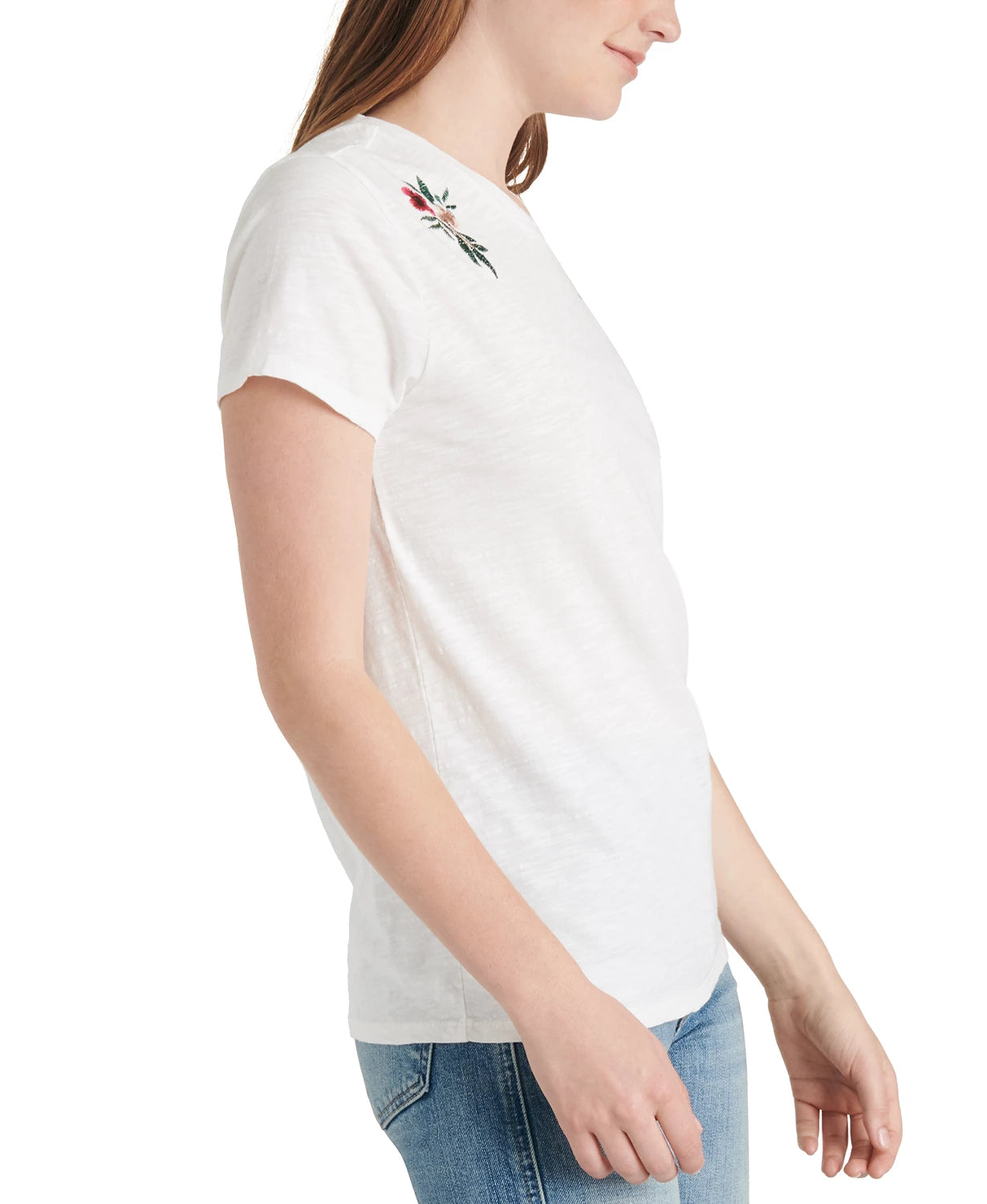 Camiseta feminina de algodão bordada Lucky Brand, branca, tamanho pequeno