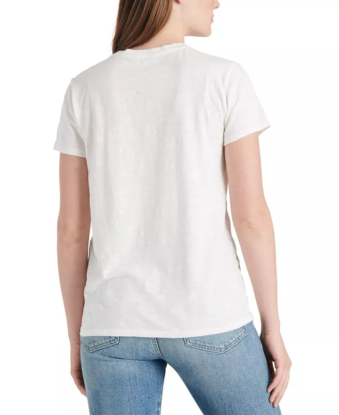 Camiseta feminina de algodão bordada Lucky Brand, branca, tamanho pequeno