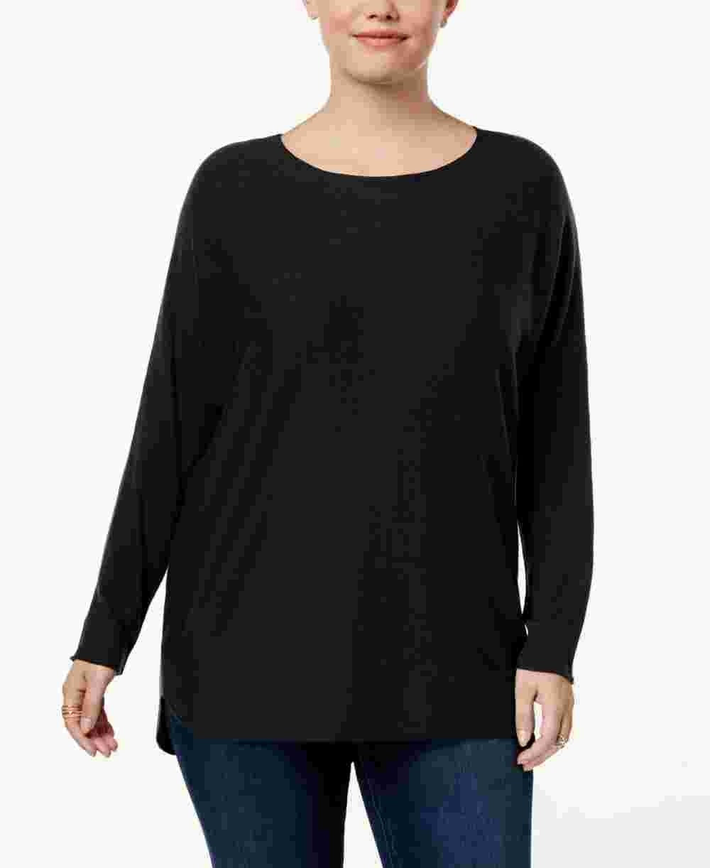 Suéter feminino plus size de manga comprida, alto e baixo, preto, tamanho 1X, da INC International Concepts