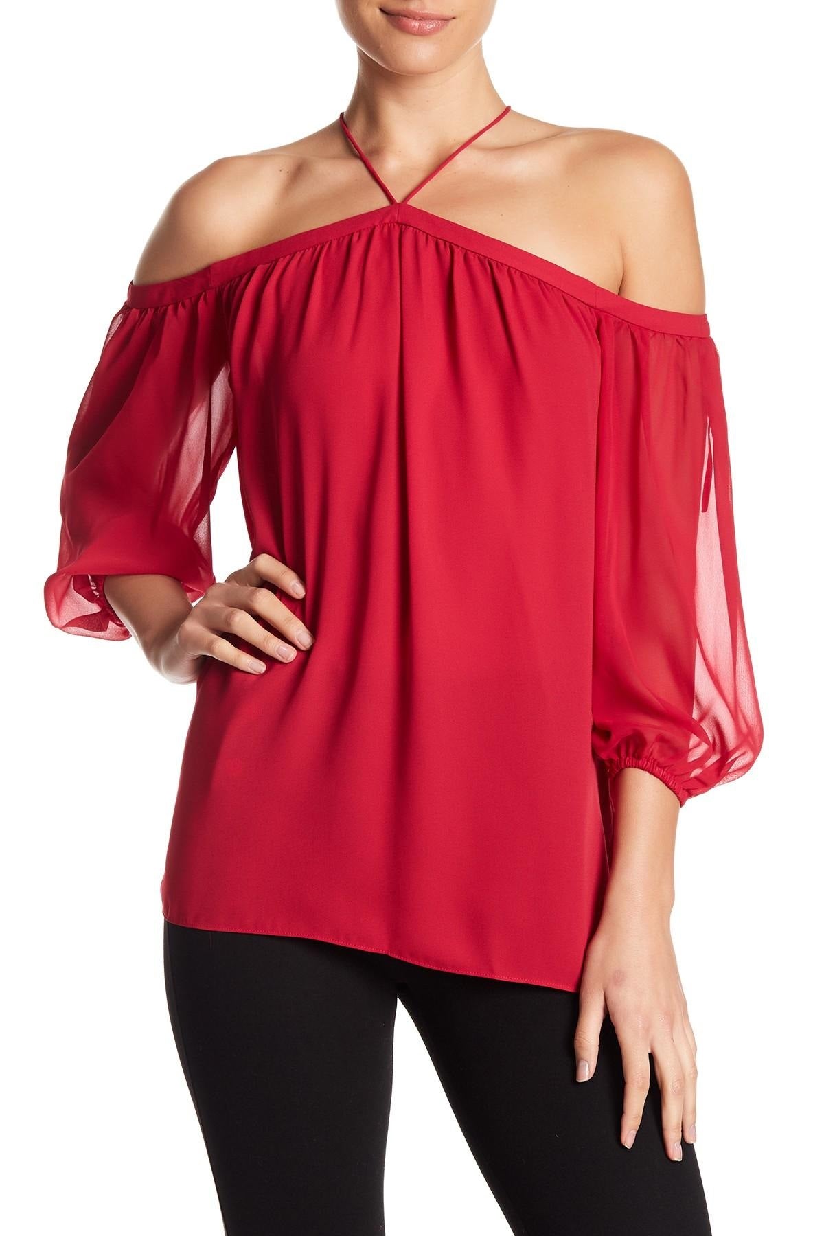 1.STATE Blusa feminina de chiffon transparente com ombros de fora, vermelha, tamanho XX-S