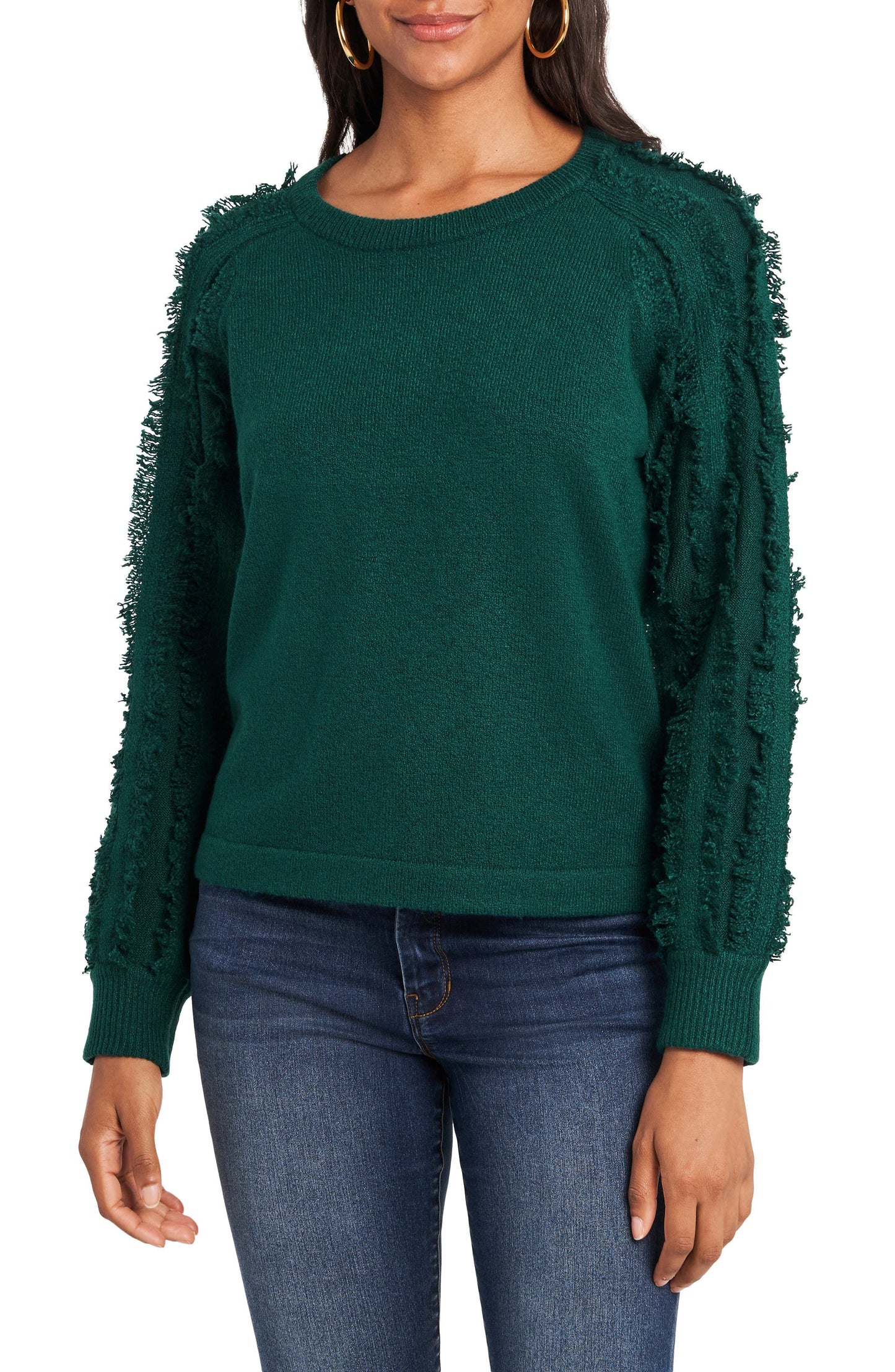 1.STATE Suéter feminino com mangas franjadas e gola redonda, verde, tamanho extra grande