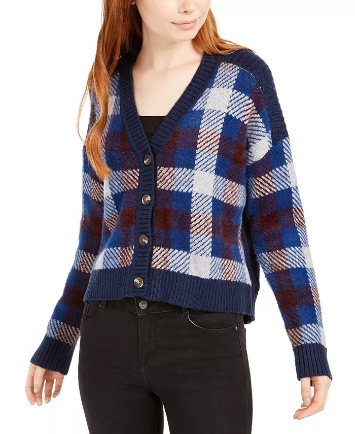 1.STATE Cardigan curto feminino xadrez com botões na frente, azul
