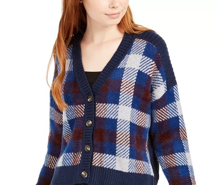 1.STATE Cardigan curto feminino xadrez com botões na frente, azul