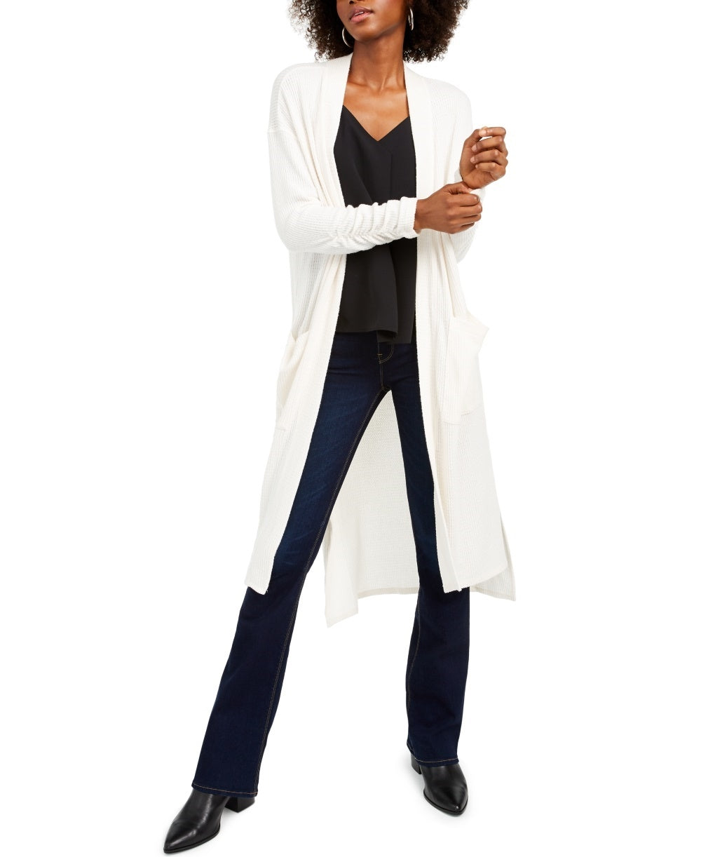 1.STATE Suéter Maxi Cardigan Feminino de Malha Waffle Branco