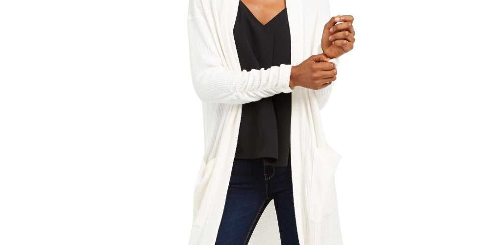 1.STATE Suéter Maxi Cardigan Feminino de Malha Waffle Branco