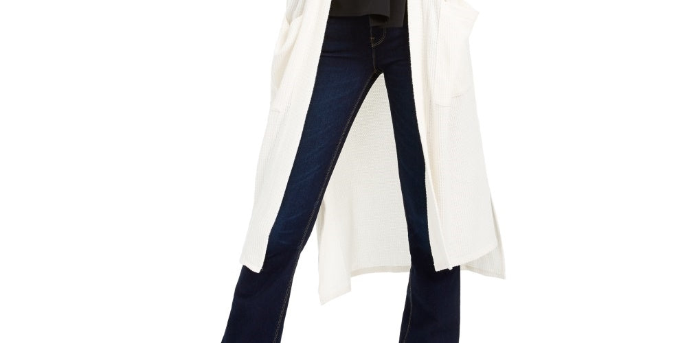 1.STATE Suéter Maxi Cardigan Feminino de Malha Waffle Branco