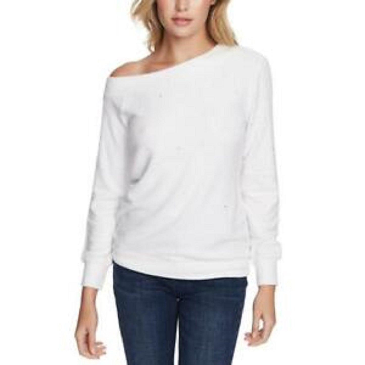 1.STATE Top feminino com decote ombro a ombro e detalhes embelezados, branco