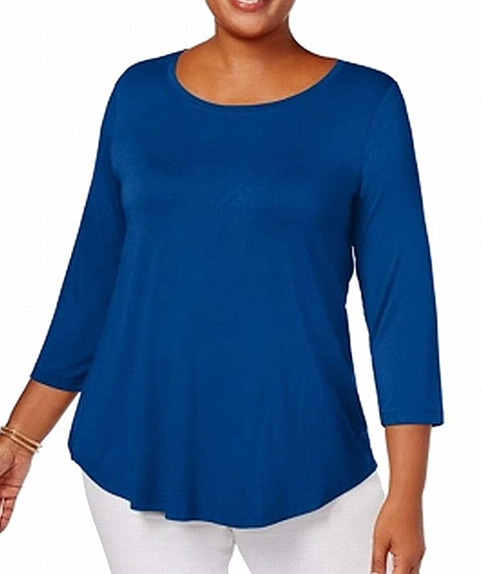JM Collection Top feminino com decote redondo, azul, tamanho X-S