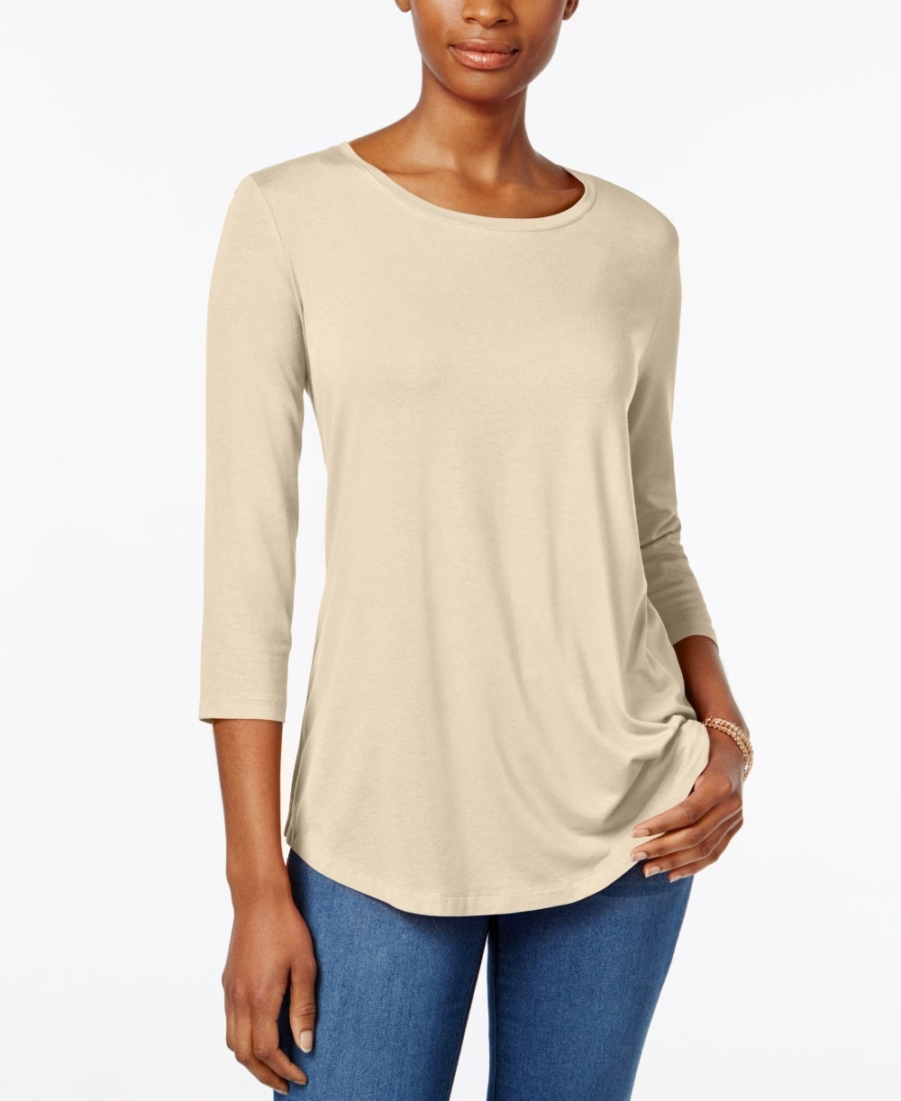 JM Collection Top feminino pequeno com manga três quartos, bege, tamanho pequeno