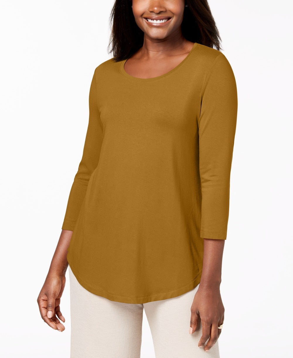 Top feminino com decote redondo e manga curta JM Collection, dourado, tamanho médio