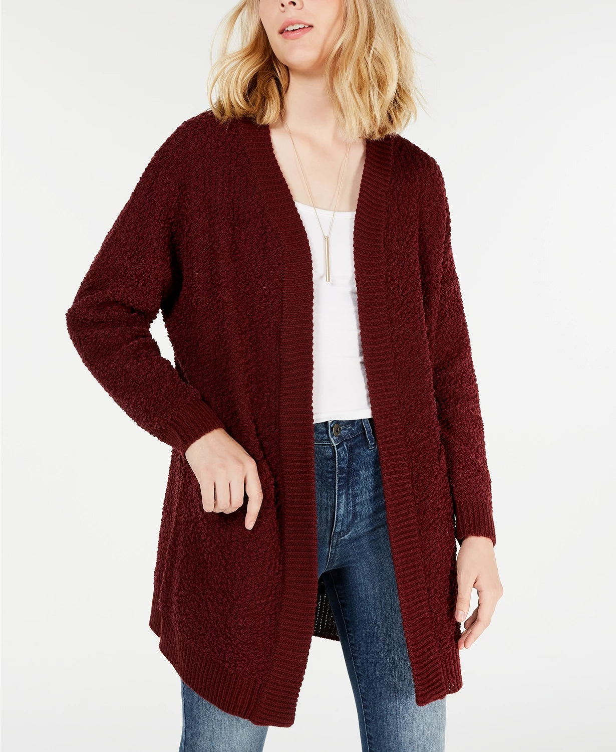 Cardigan texturizado com frente aberta para crianças, tamanho grande, vermelho