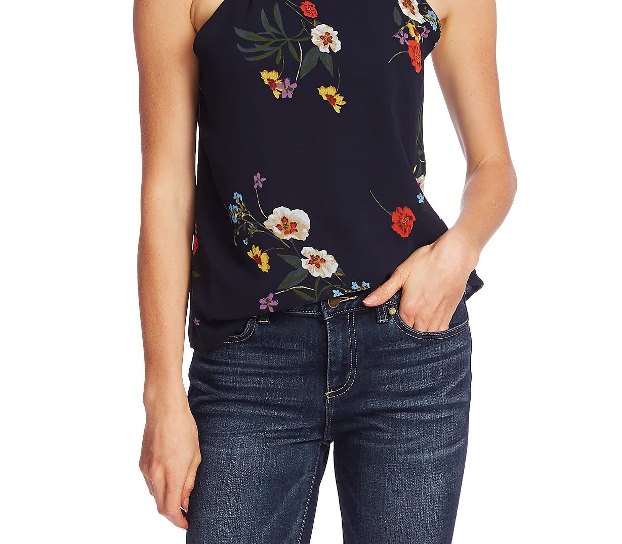 Blusa feminina Vince Camuto com estampa floral e gola alta, azul-marinho, tamanho extragrande