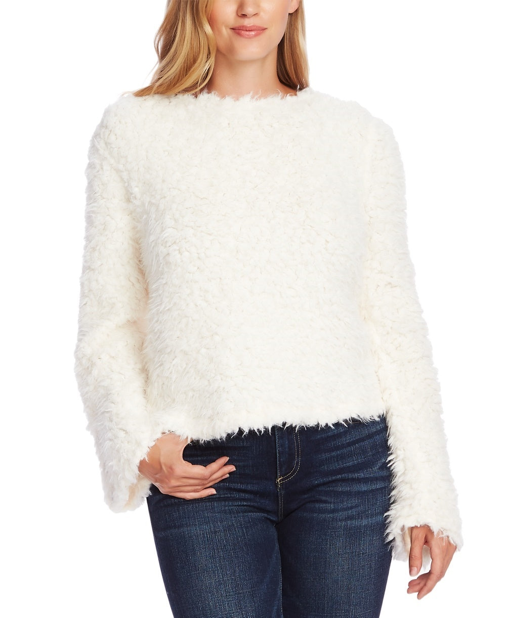 Vince Camuto Blusa feminina texturizada com manga sino e pele sintética, branca, tamanho extragrande