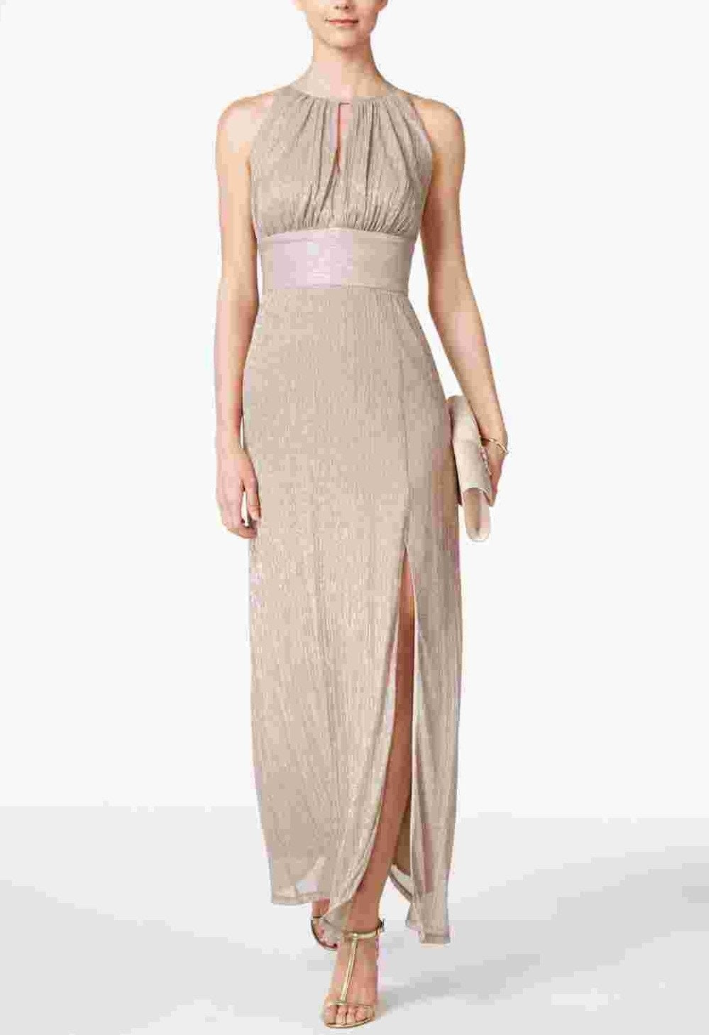 Vestido feminino R &amp; M Richards com decote halter e decote em V, tamanho 6, dourado