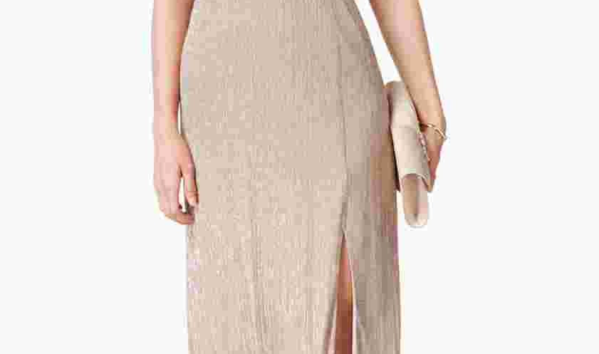 Vestido feminino R &amp; M Richards com decote halter e decote em V, tamanho 6, dourado
