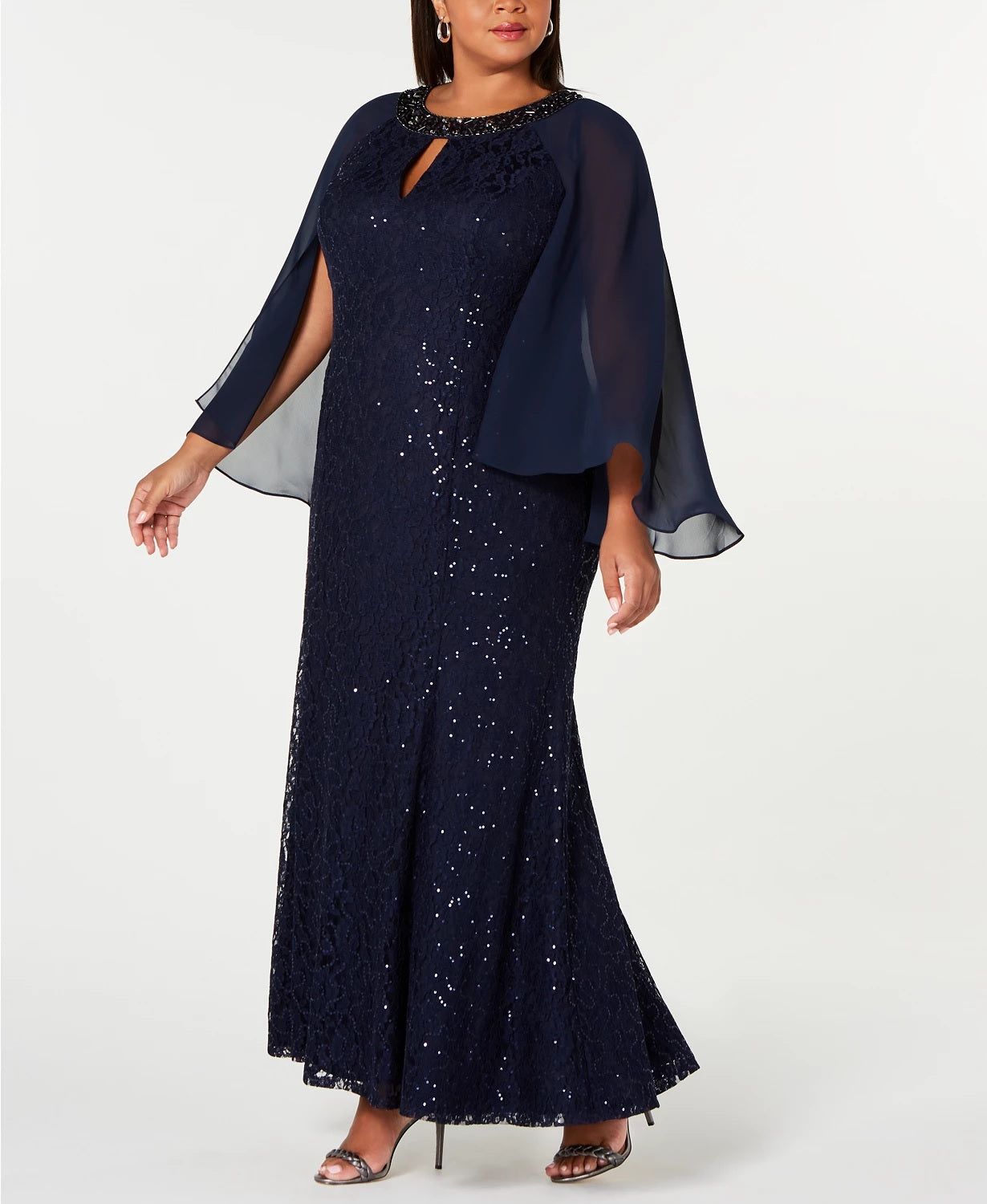Vestido capelete de renda plus size feminino SL Fashions, tamanho marinho, pequeno e pequeno