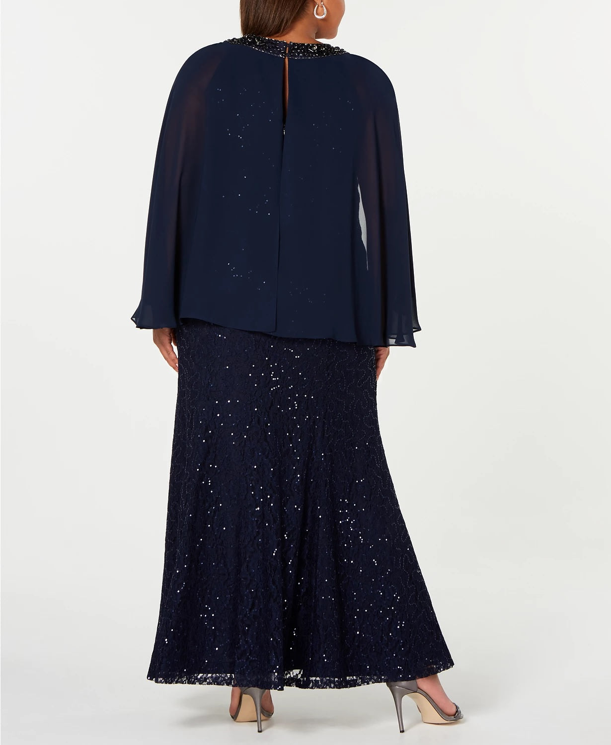 Vestido capelete de renda plus size feminino SL Fashions, tamanho marinho, pequeno e pequeno