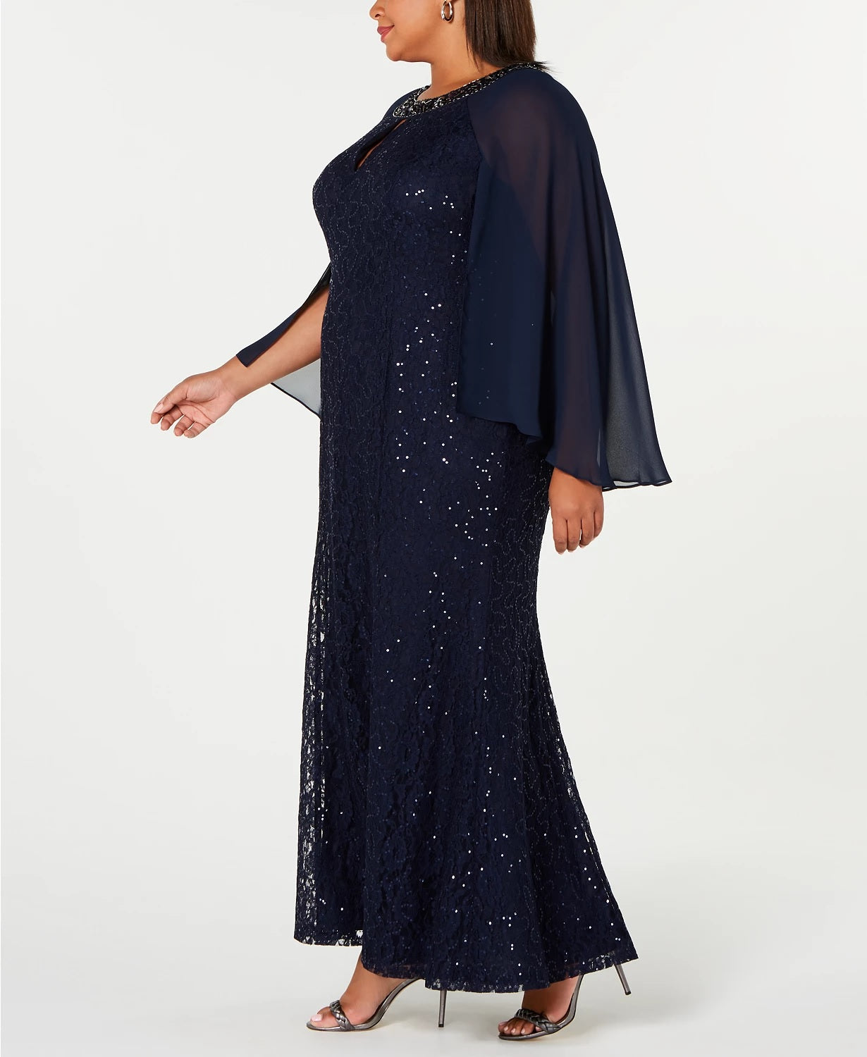 Vestido capelete de renda plus size feminino SL Fashions, tamanho marinho, pequeno e pequeno