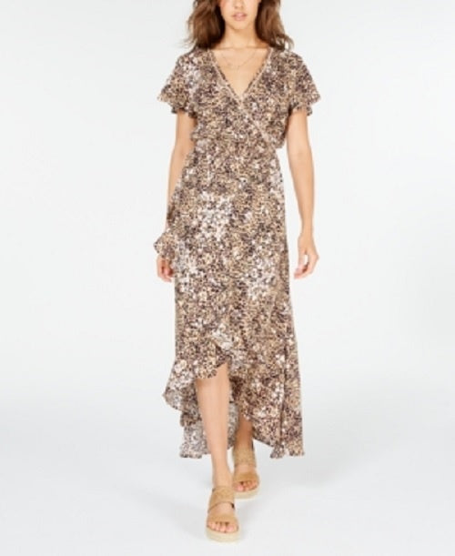 Vestido longo com estampa de falso envelope da American Rag Juniors, marrom, tamanho pequeno