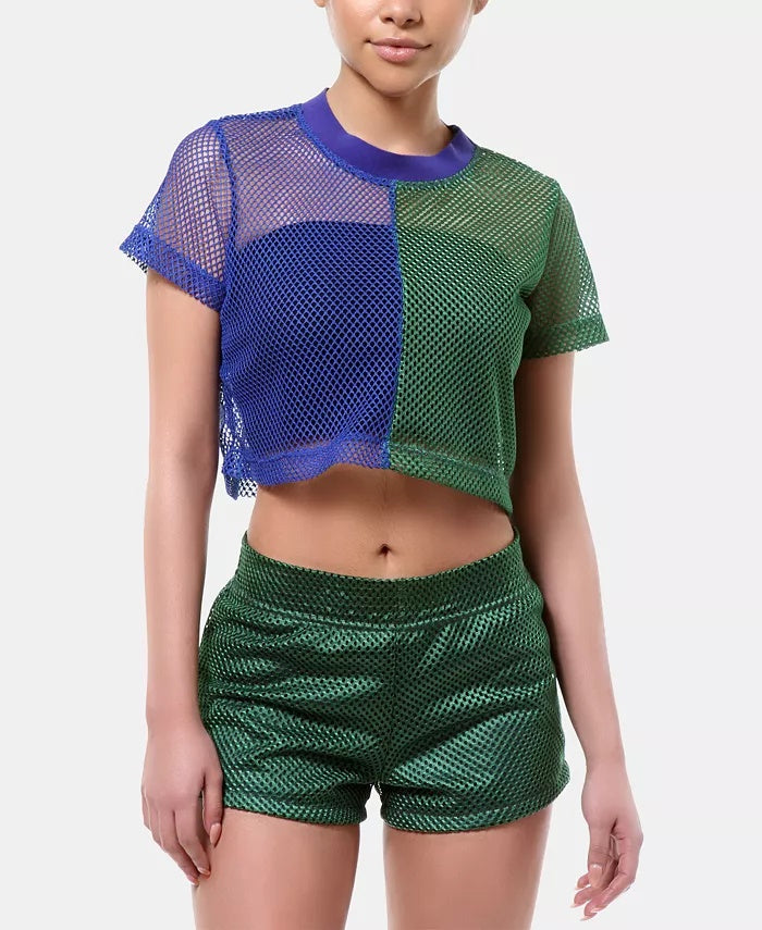 Top curto de rede arrastão com blocos de cores Brooklyn ARTISTIX feminino, verde, tamanho pequeno