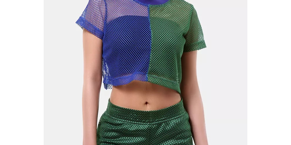 Top curto de rede arrastão com blocos de cores Brooklyn ARTISTIX feminino, verde, tamanho pequeno