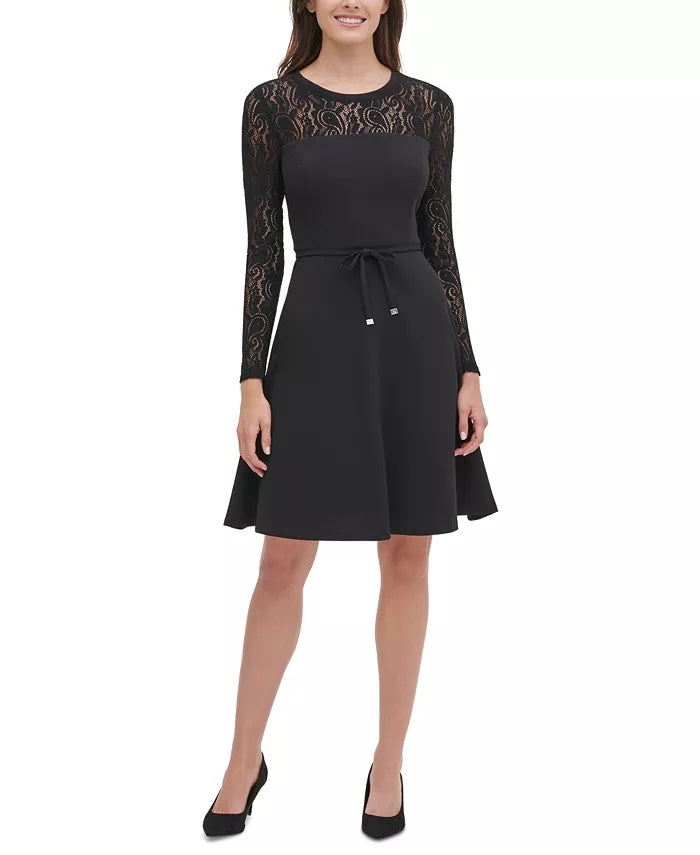 Vestido Tommy Hilfiger Feminino com Manga de Renda e Ajuste Flare, Preto, Tamanho 14