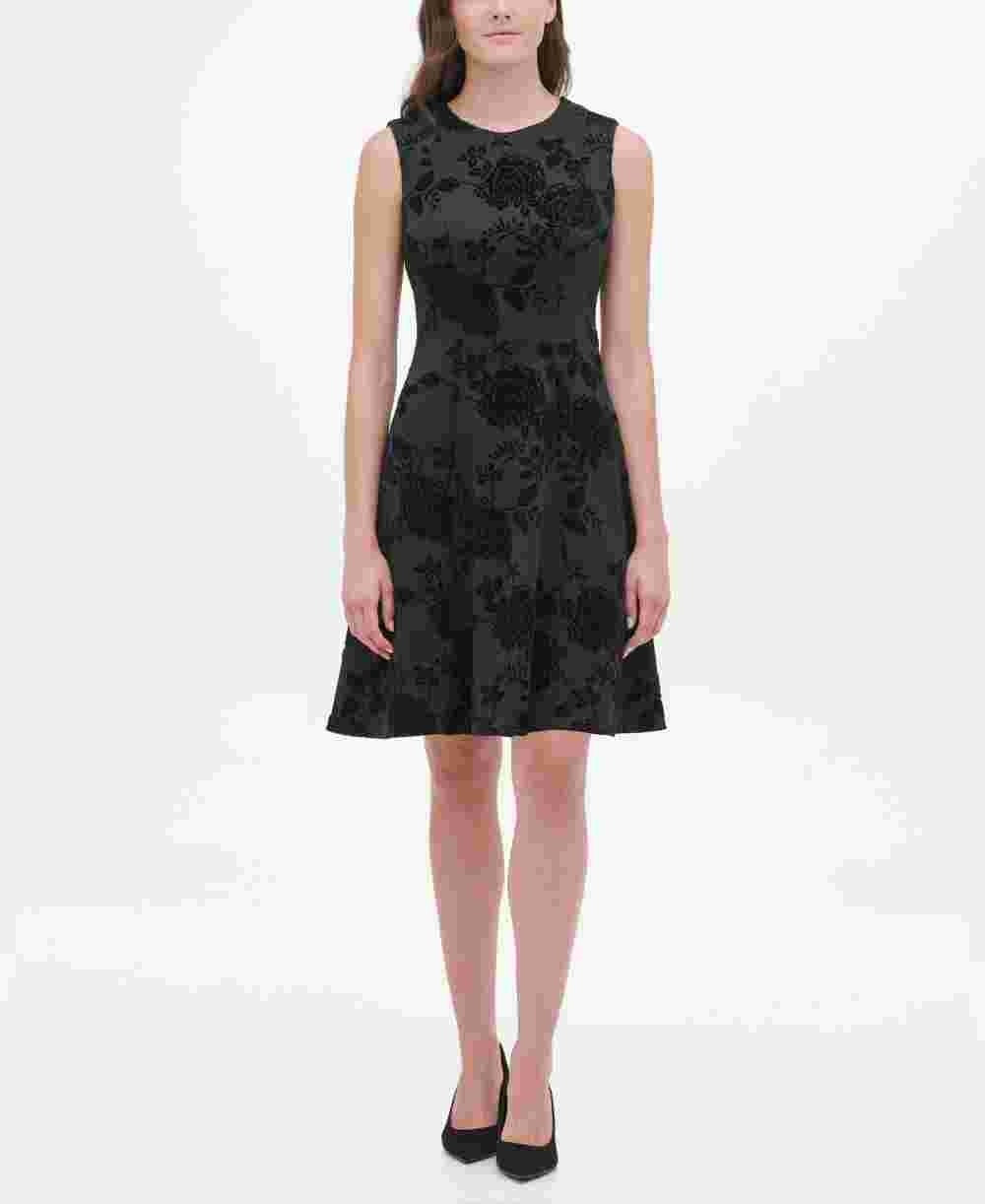 Vestido feminino Tommy Hilfiger com estampa floral e flocado de veludo, preto, tamanho 12