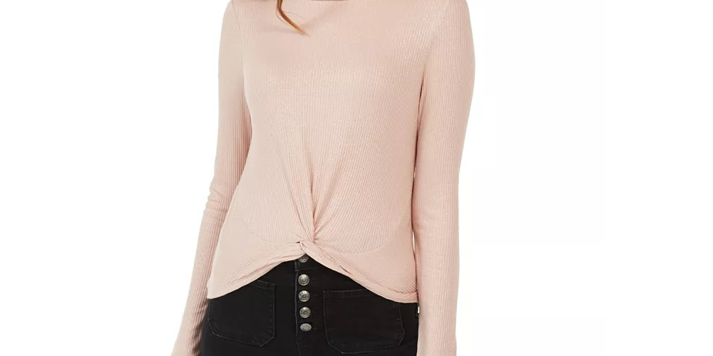 Planet Gold Juniors Twist-Front Sparkly Ribbed Top Rosa Escuro Tamanho P