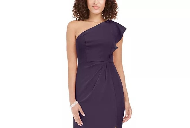 Vestido feminino Adrianna Papell com babados e um ombro só, roxo escuro, tamanho 4