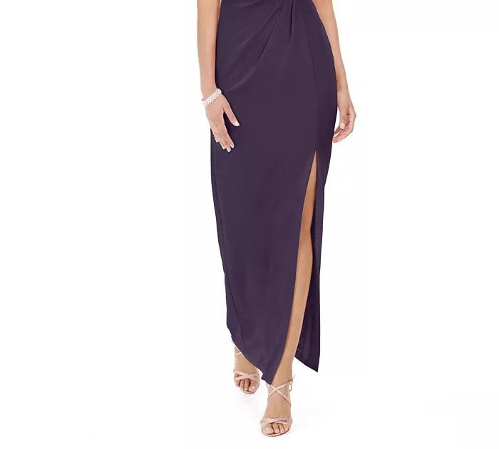 Vestido feminino Adrianna Papell com babados e um ombro só, roxo escuro, tamanho 4