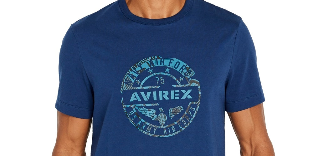 Camiseta masculina Avirex com estampa de globo, azul, tamanho médio
