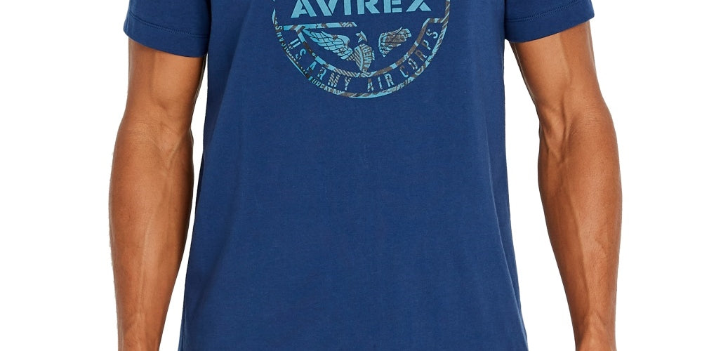 Camiseta masculina Avirex com estampa de globo, azul, tamanho médio