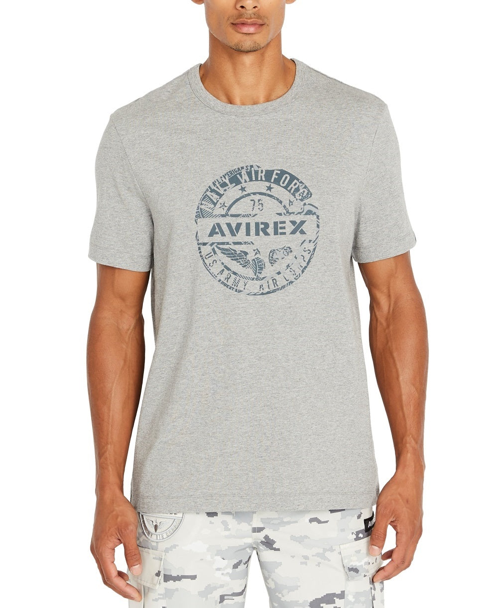 Camiseta masculina Avirex com estampa de globo, cinza, tamanho médio